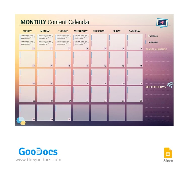 Calendario mensual de contenido de gradient. - free Google Docs Template - 10065809