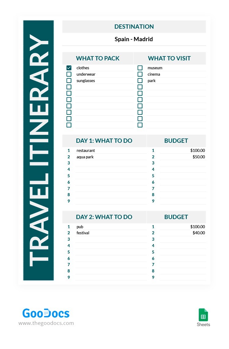 travel itinerary template google sheets