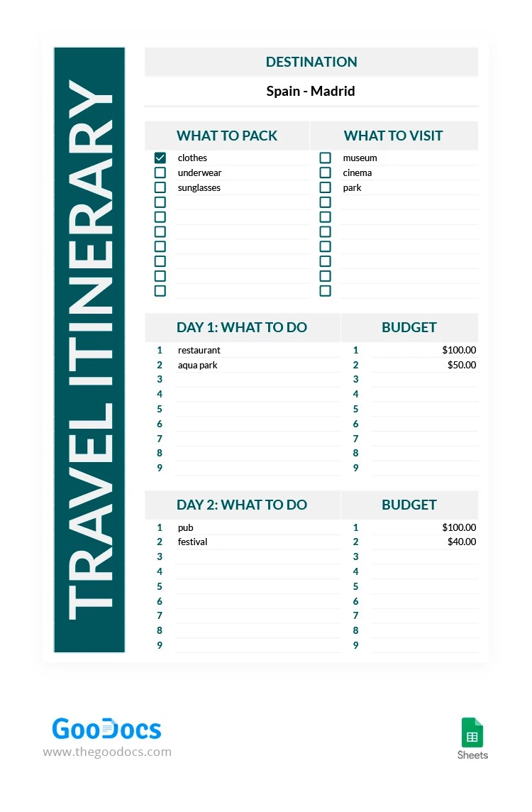 Gray and Green Travel Itinerary - free Google Docs Template - 10062806