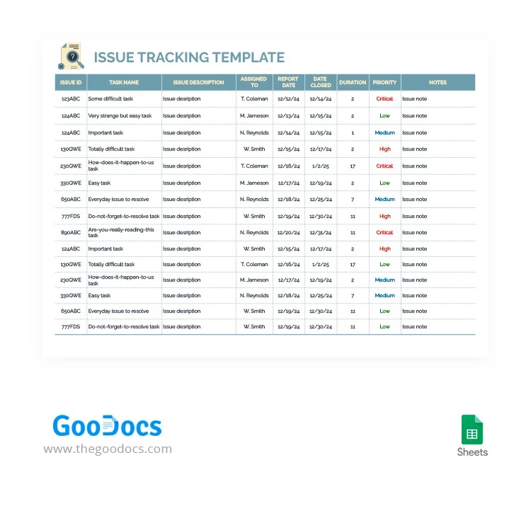 Foglio di tracciamento delle problematiche grigie - free Google Docs Template - 10064274