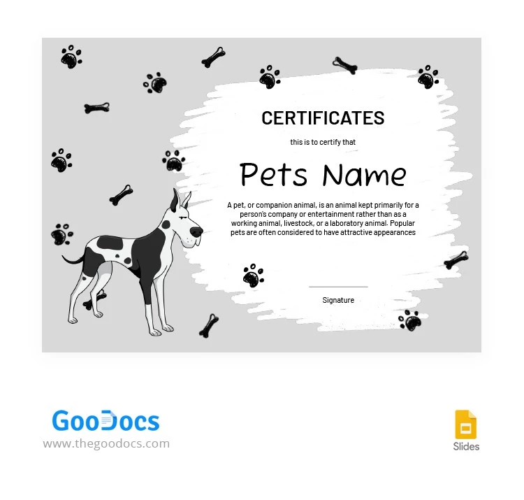 Certificati per animali domestici grigi - free Google Docs Template - 10065071