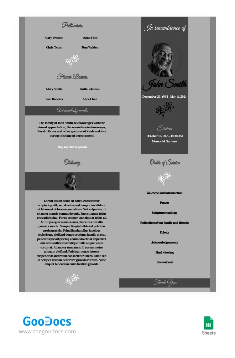 Gray Style Funeral Program - free Google Docs Template - 10063184