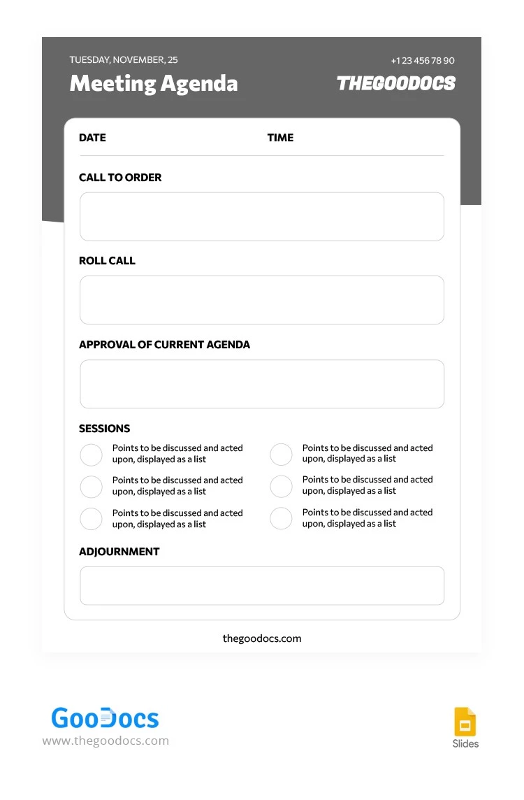 Ordre du jour de la réunion formelle simple en gris - free Google Docs Template - 10064889