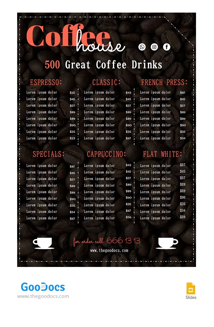 Great Coffee Shop Restaurant Menu - free Google Docs Template - 10066152
