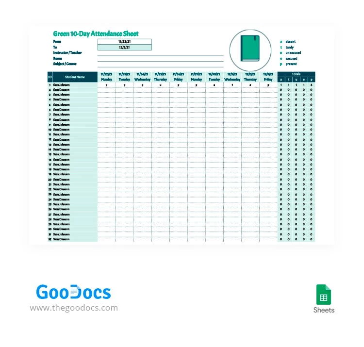 Green 10-Day Attendance Sheet - free Google Docs Template - 10062169