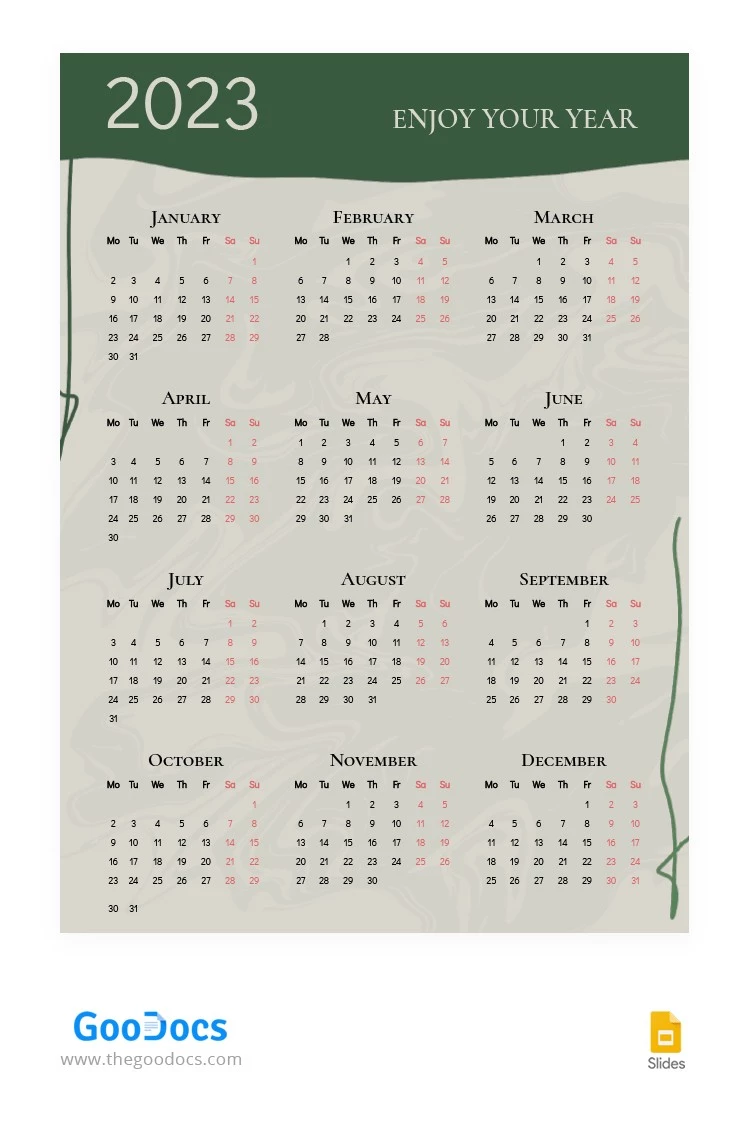 Calendario Verde 2023 - free Google Docs Template - 10064084