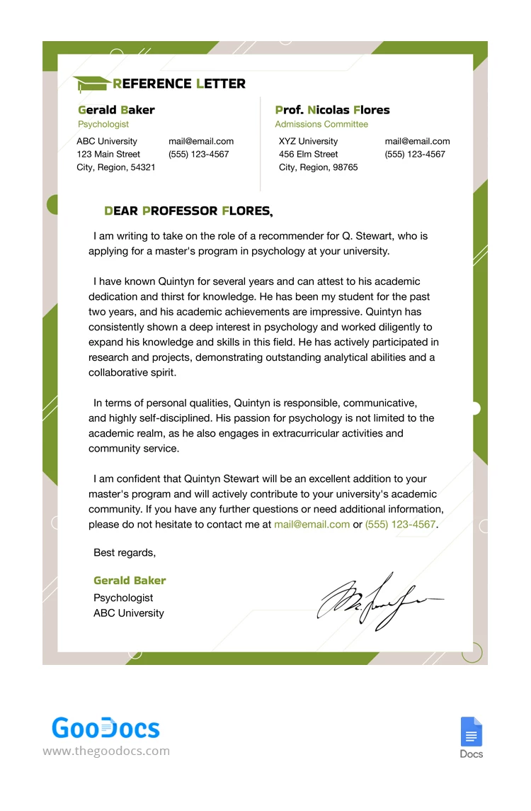 Green Academic Reference Letter - free Google Docs Template - 10067435