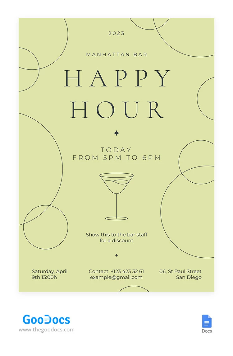 Invito volantino adorabile per l'"Happy Hour" verde. - free Google Docs Template - 10066294