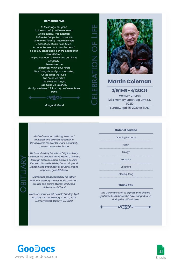 Programa Funeral Verde y Gris - free Google Docs Template - 10063709