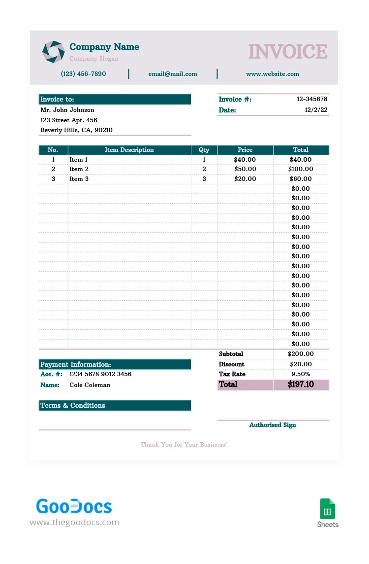 Green and Pink Invoice - free Google Docs Template - 10062812