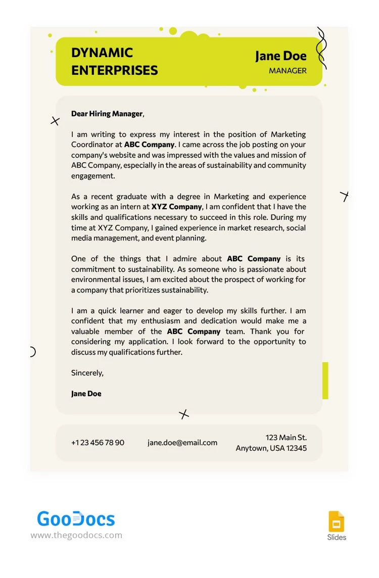 Carta de apresentação para emprego Verde-bege - free Google Docs Template - 10065781