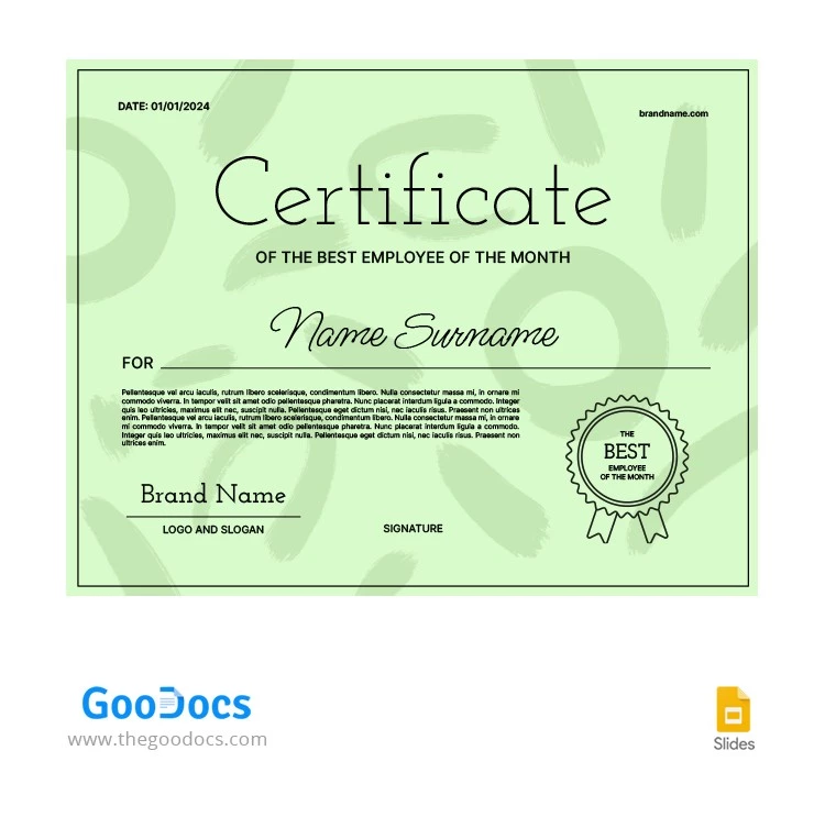 Certificat vert pour le meilleur employé - free Google Docs Template - 10065808