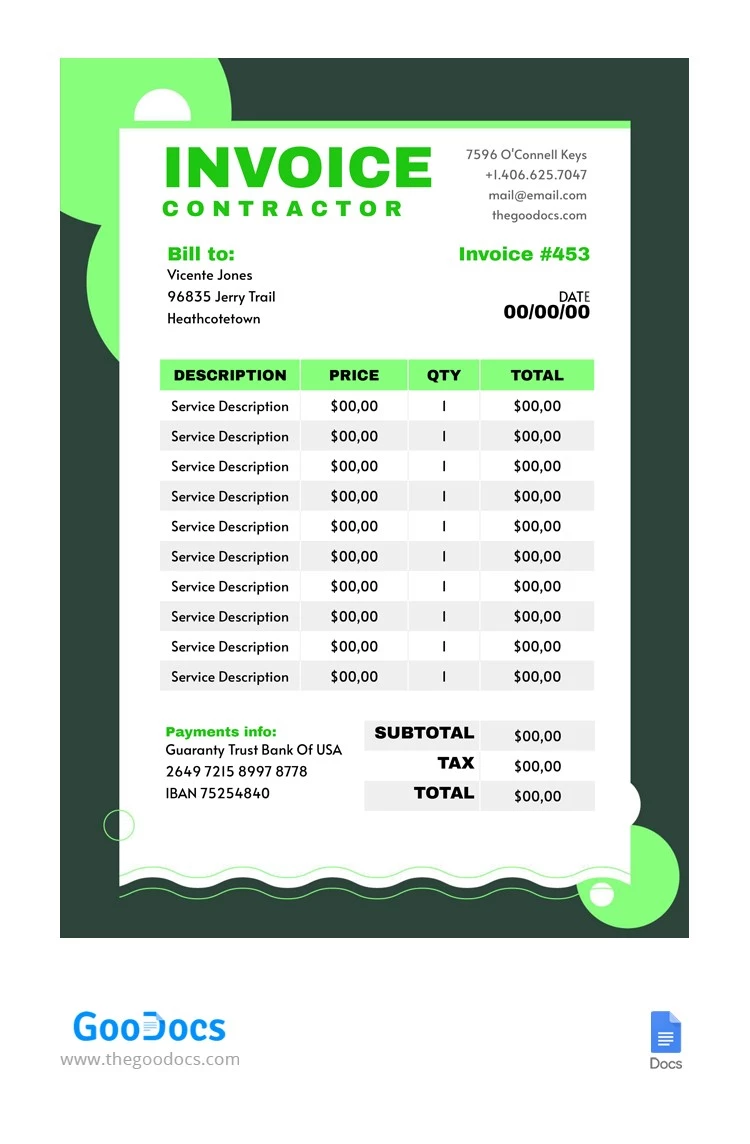 Green Contractor Invoice - free Google Docs Template - 10064779