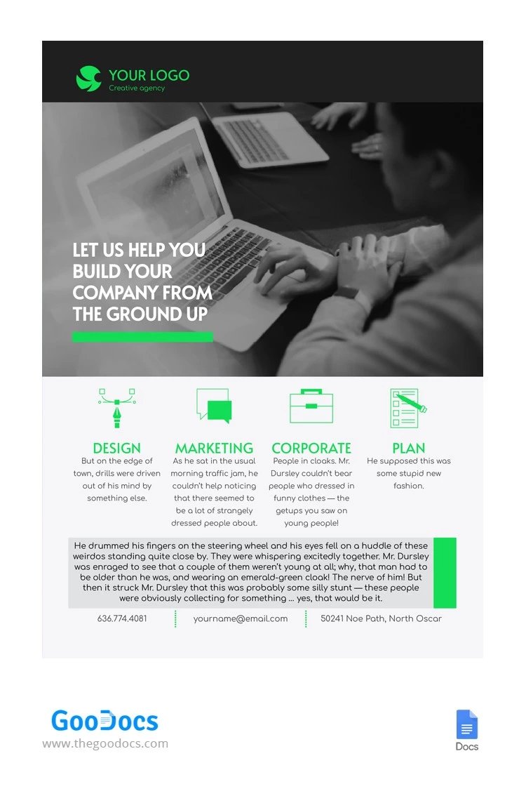 Folheto verde de apresentação corporativa. - free Google Docs Template - 10064118