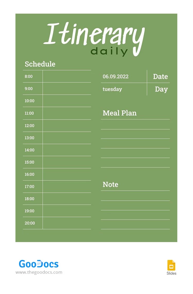 Green Daily Itinerary - free Google Docs Template - 10064518