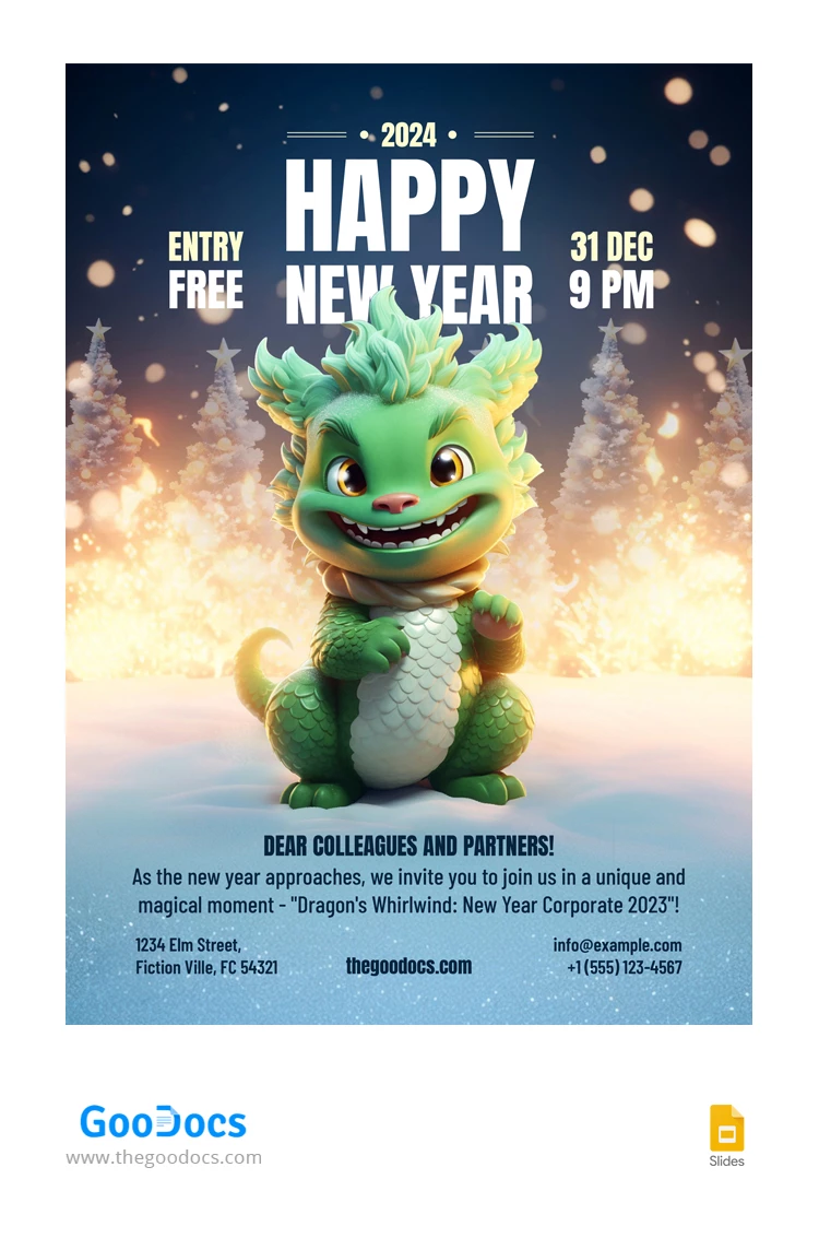 Dragão Verde com Fogos de Artifício - Folheto de Ano Novo - free Google Docs Template - 10067570
