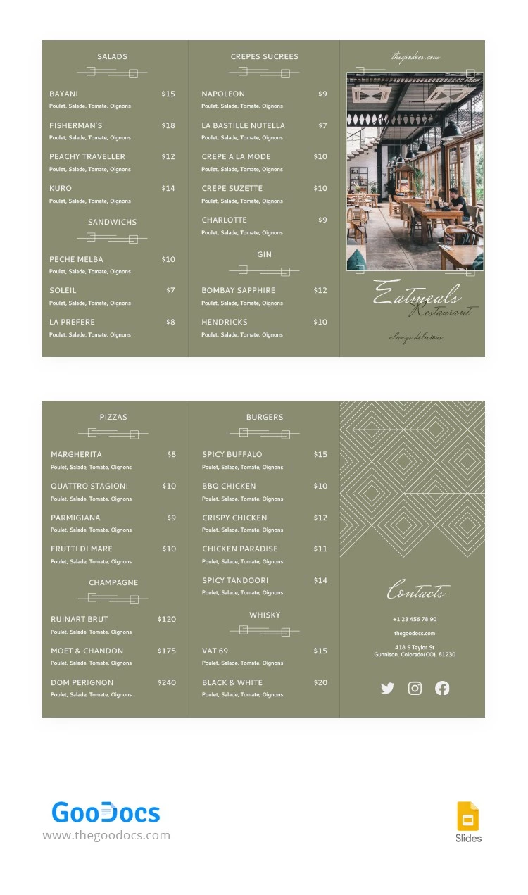 Brochuras elegantes de restaurante verde. - free Google Docs Template - 10064975