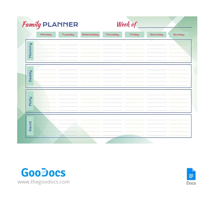 Planificateur familial vert - free Google Docs Template - 10064677