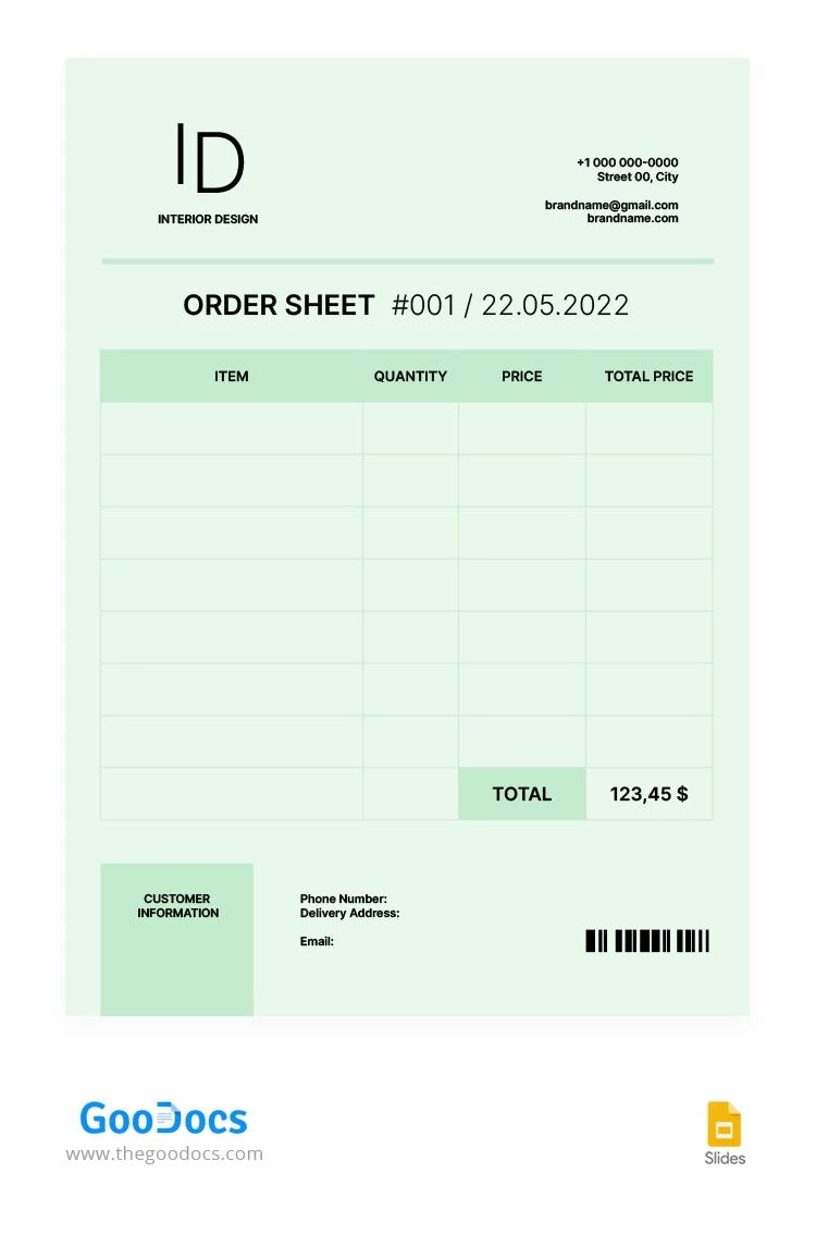 Foglio d'ordine per l'arredamento d'interni verde. - free Google Docs Template - 10063905