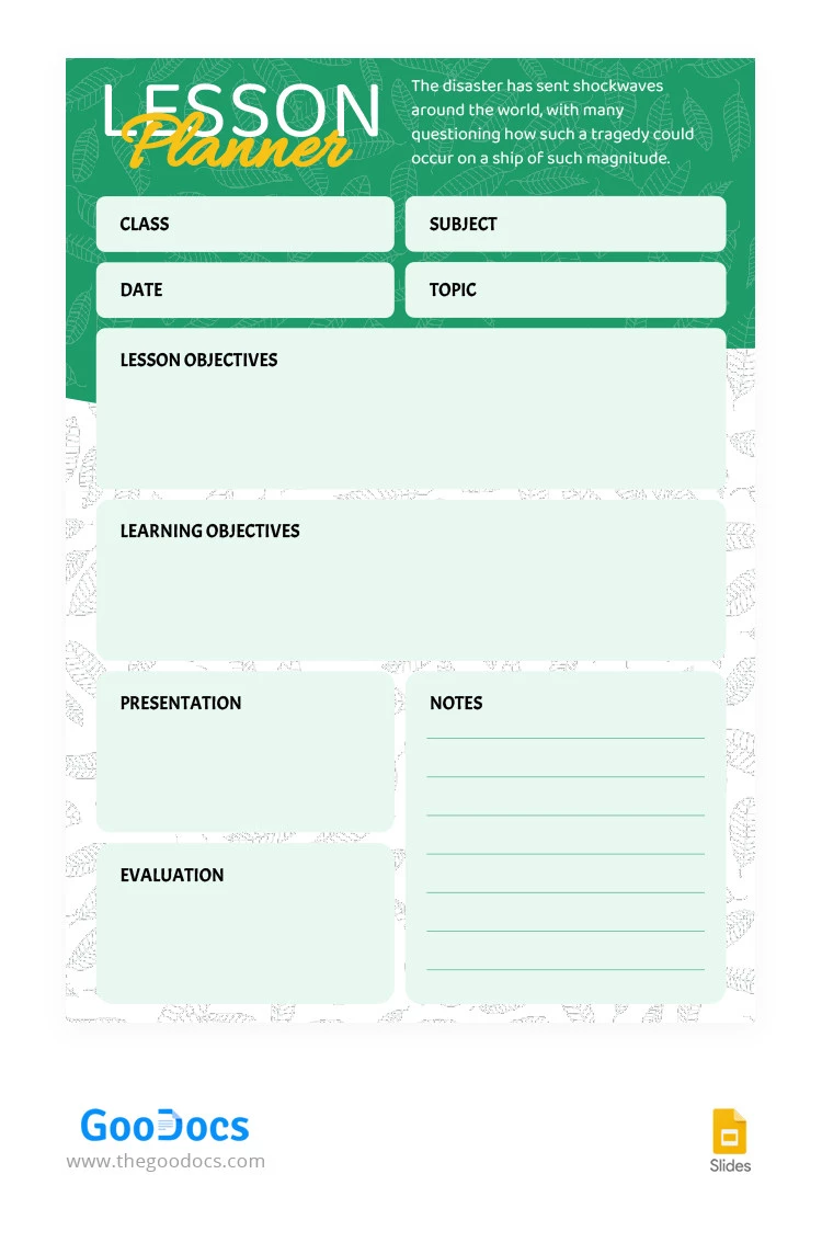 Green Lesson Planner - free Google Docs Template - 10065580