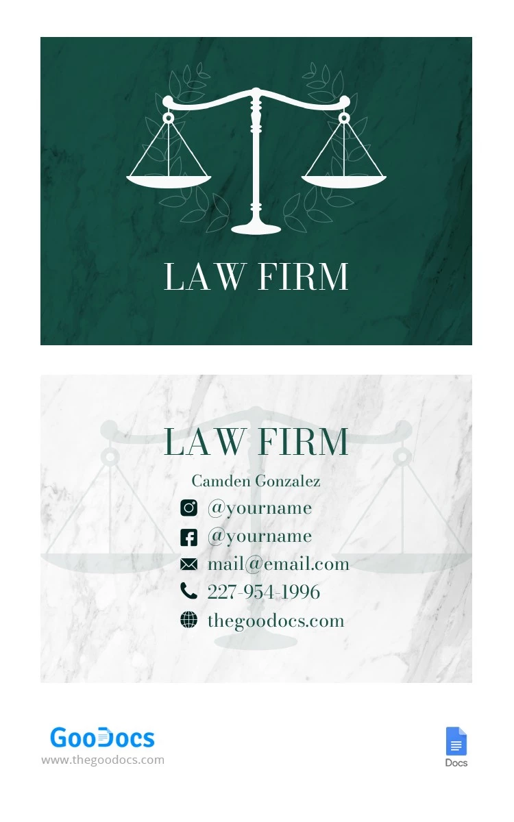Green Marble Lawyer’s Business Card - free Google Docs Template - 10064780