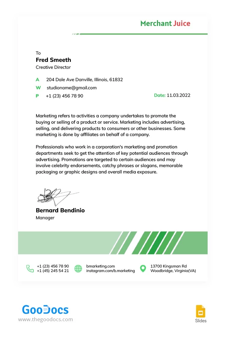 Papel con membrete de marketing verde - free Google Docs Template - 10063876