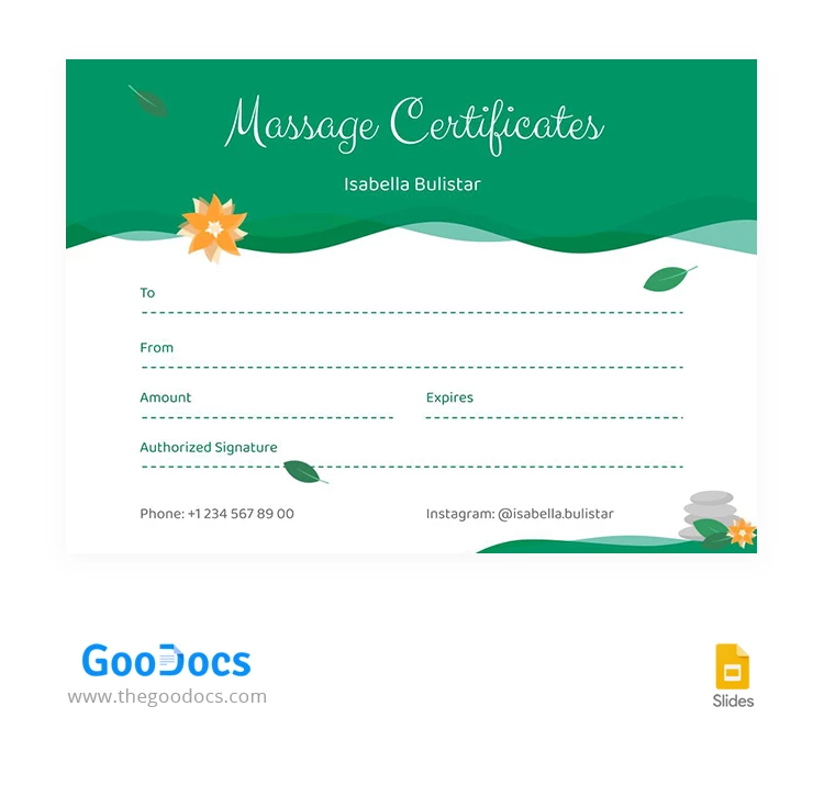 Certificats de massage vertes - free Google Docs Template - 10067319