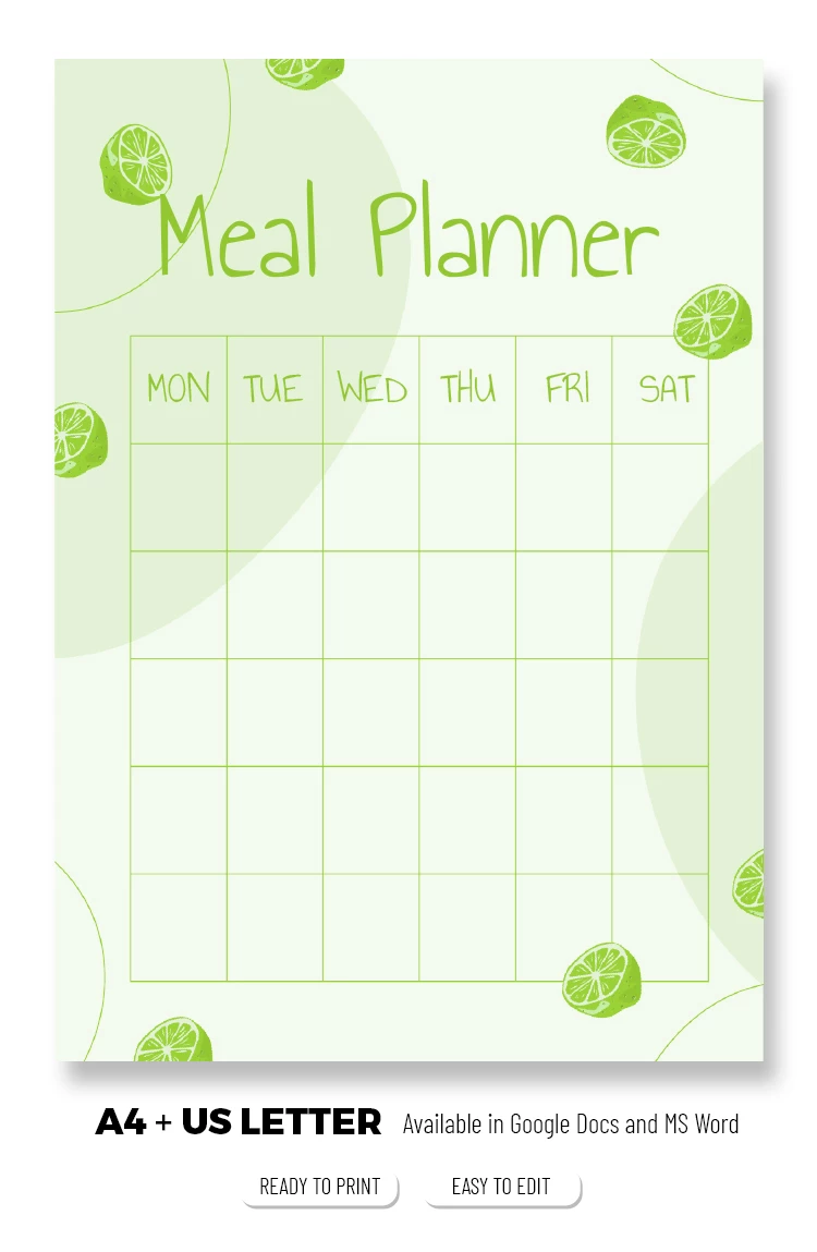 Green Meal Planner - free Google Docs Template - 10066453