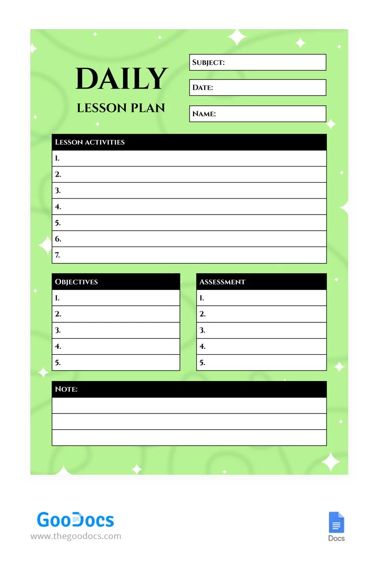 Plan de lección diario de Green Modern. - free Google Docs Template - 10064328
