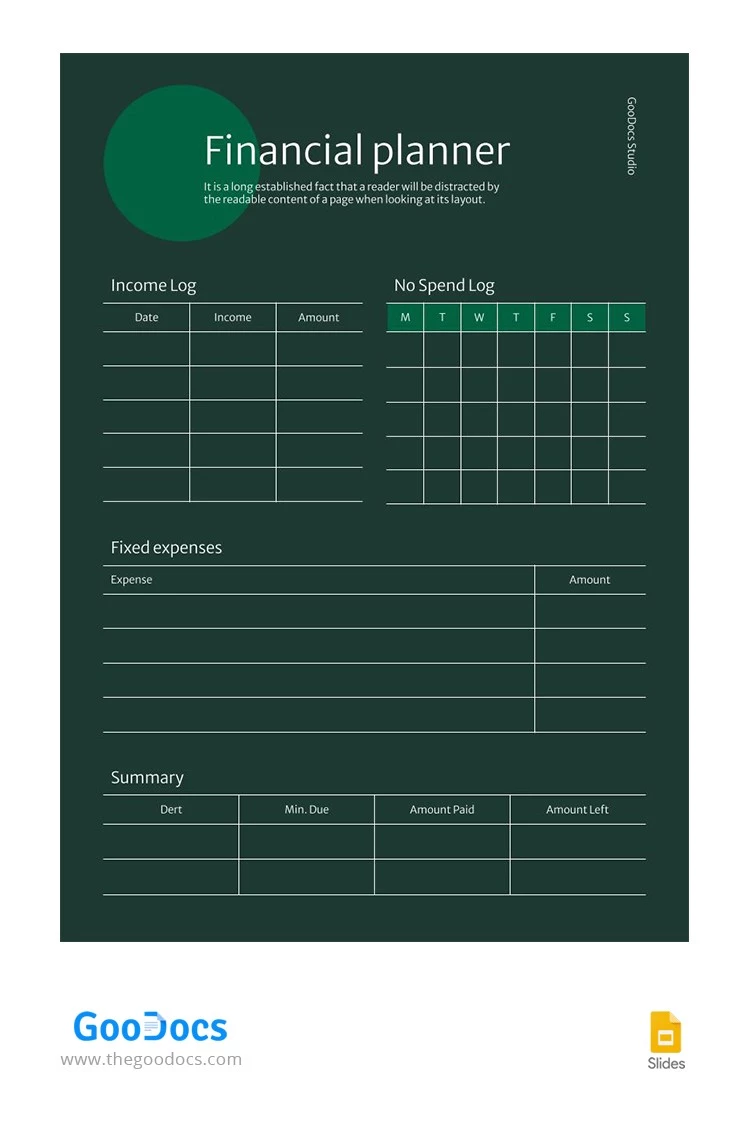 Planificateur financier moderne vert. - free Google Docs Template - 10064411