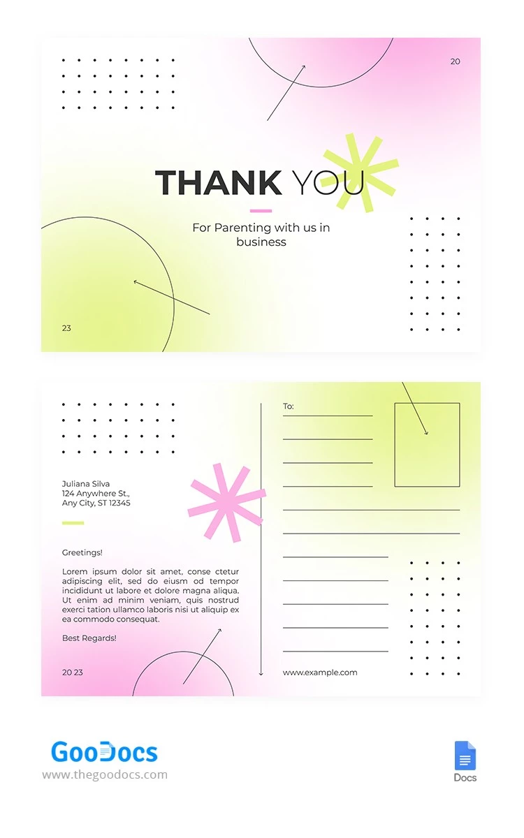 Green & Pink Gradient Postcard - free Google Docs Template - 10065959