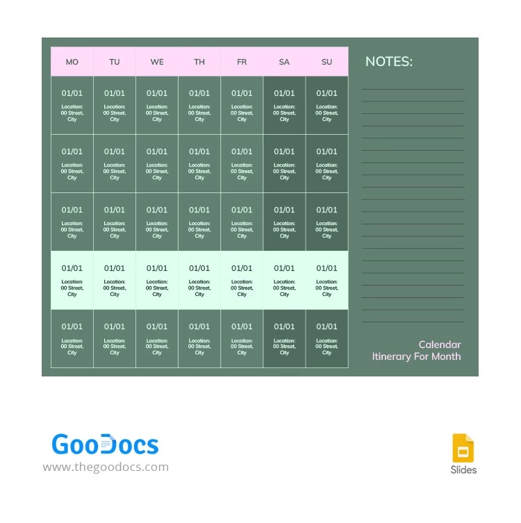 Calendario de Itinerario Verde-Rosa - free Google Docs Template - 10066045