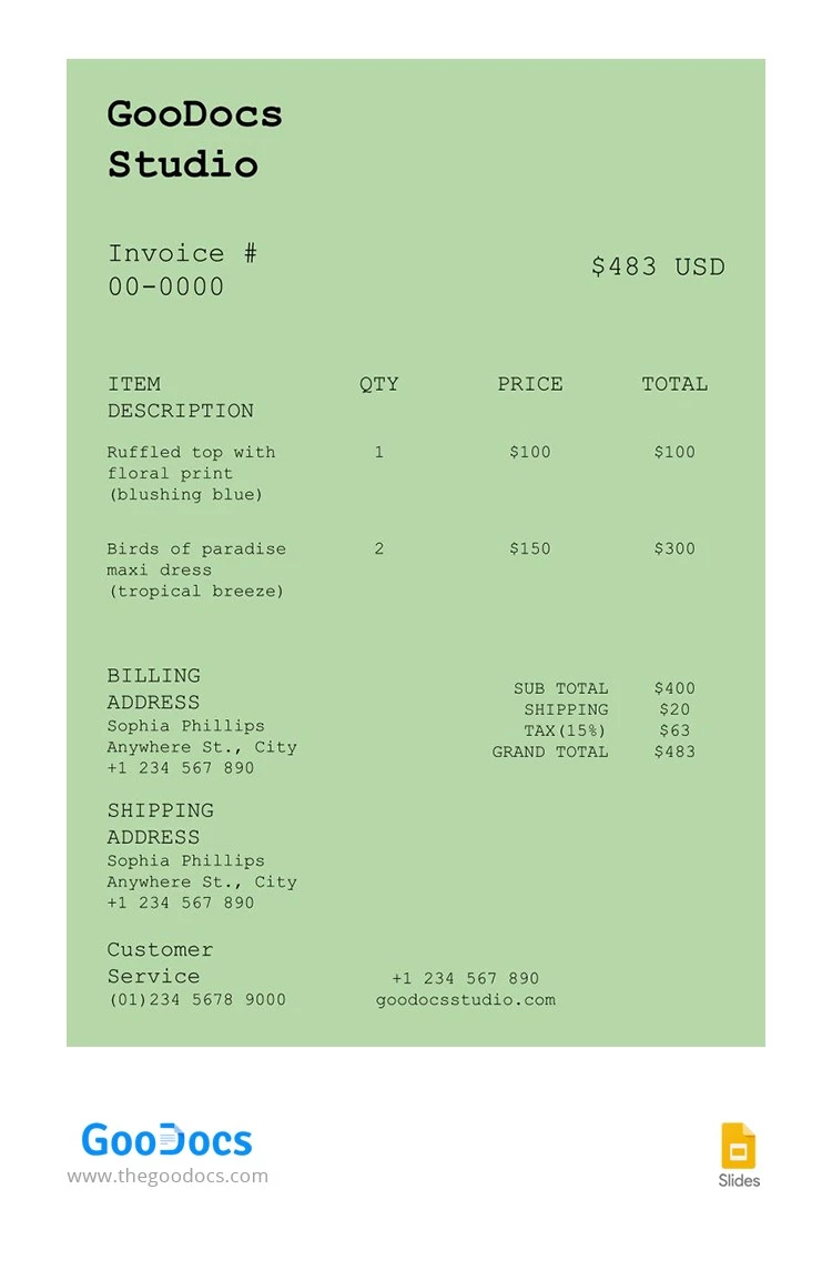 Green Printed Invoice - free Google Docs Template - 10063311