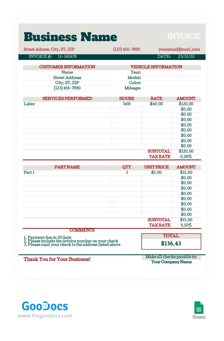 Factura de reparación de automóviles Verde Rojo. - free Google Docs Template - 10062680