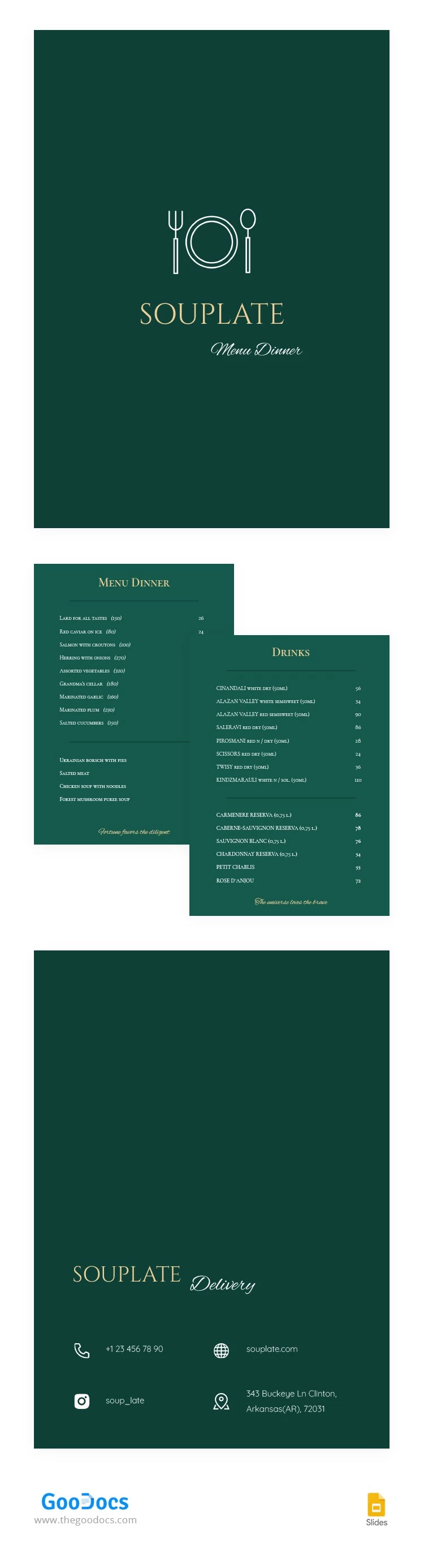 Menu du dîner du restaurant vert - free Google Docs Template - 10064319