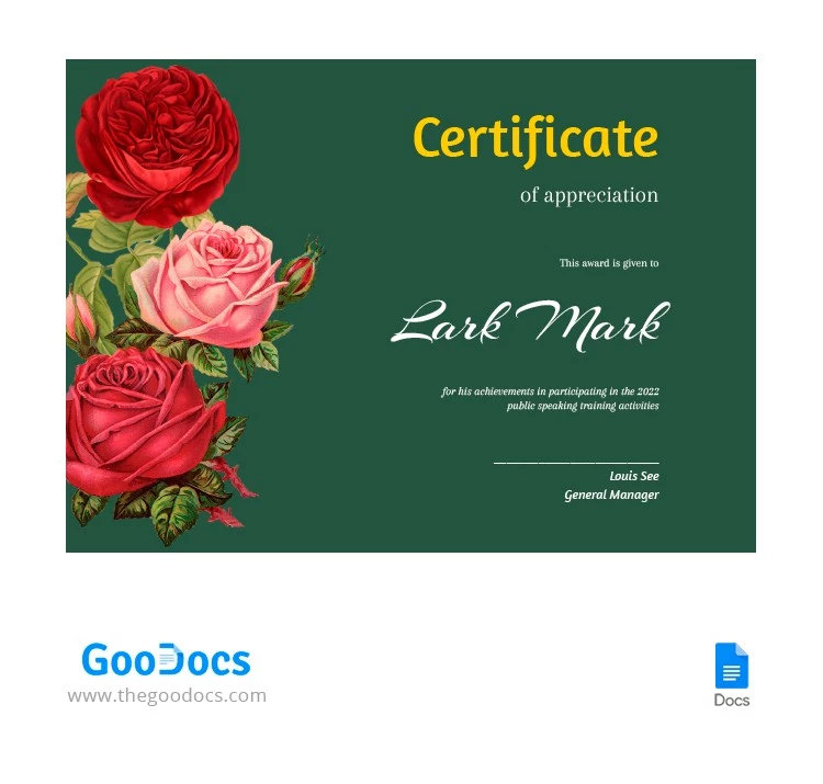 Green Rose Certificate - free Google Docs Template - 10062279
