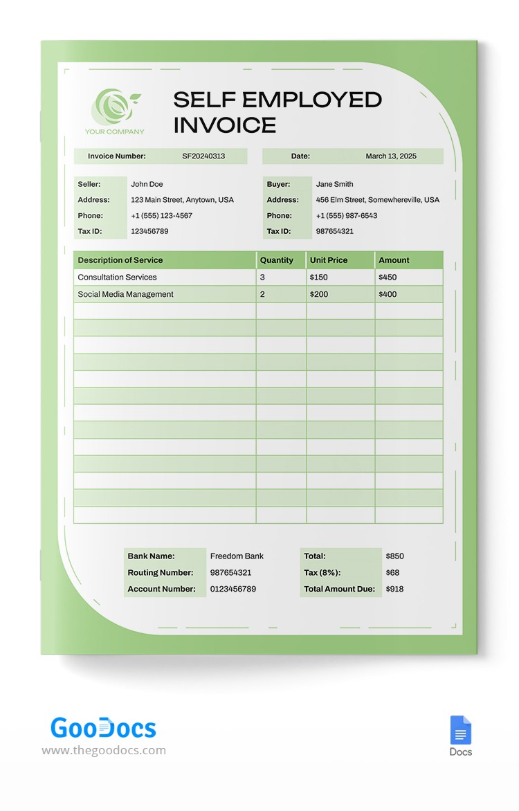 Green Self Employed Invoice Template In Google Docs And Microsoft Word Green Self Employed Invoice Template In Google Docs And Microsoft Word