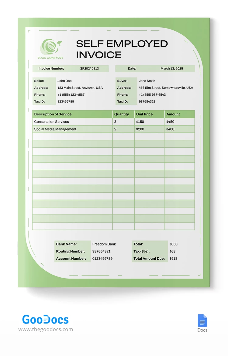 Fattura verde per lavoratori autonomi - free Google Docs Template - 10068356