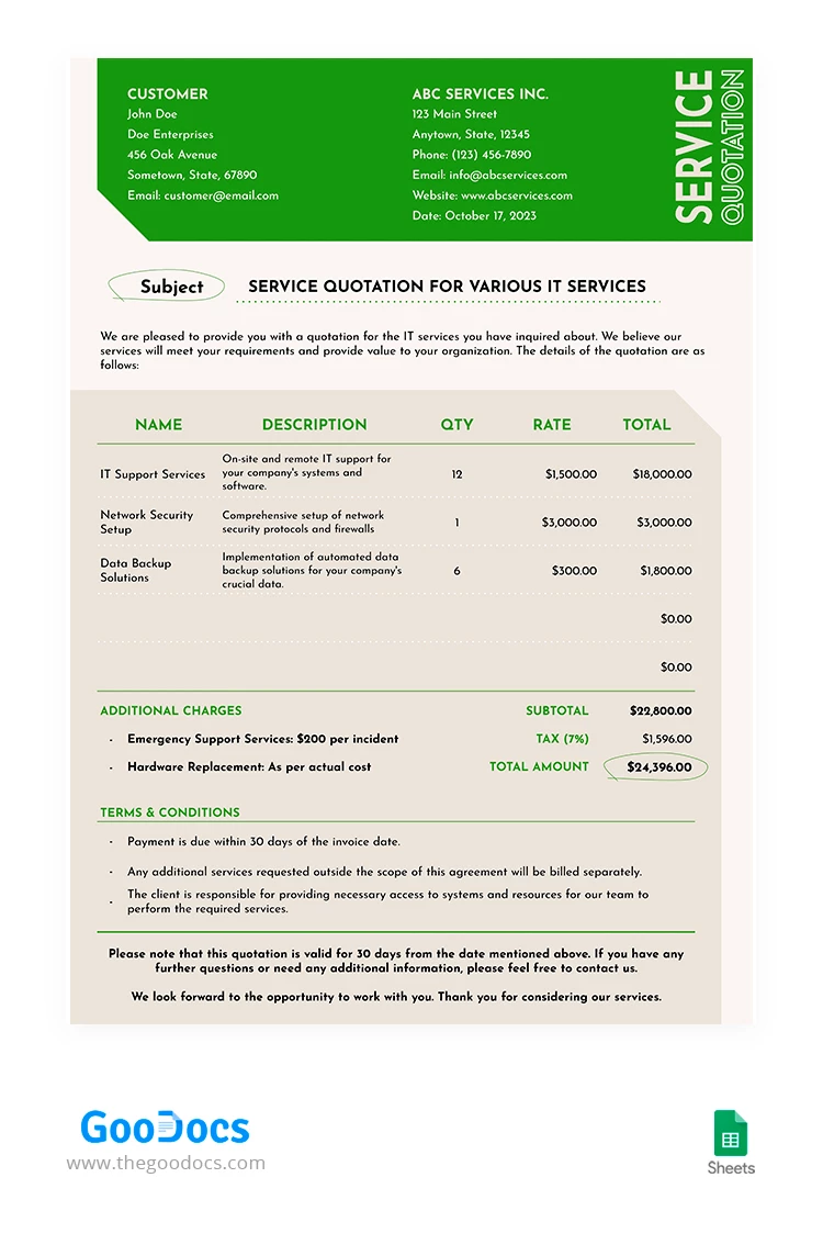 Cotação de Serviço Verde - free Google Docs Template - 10067278