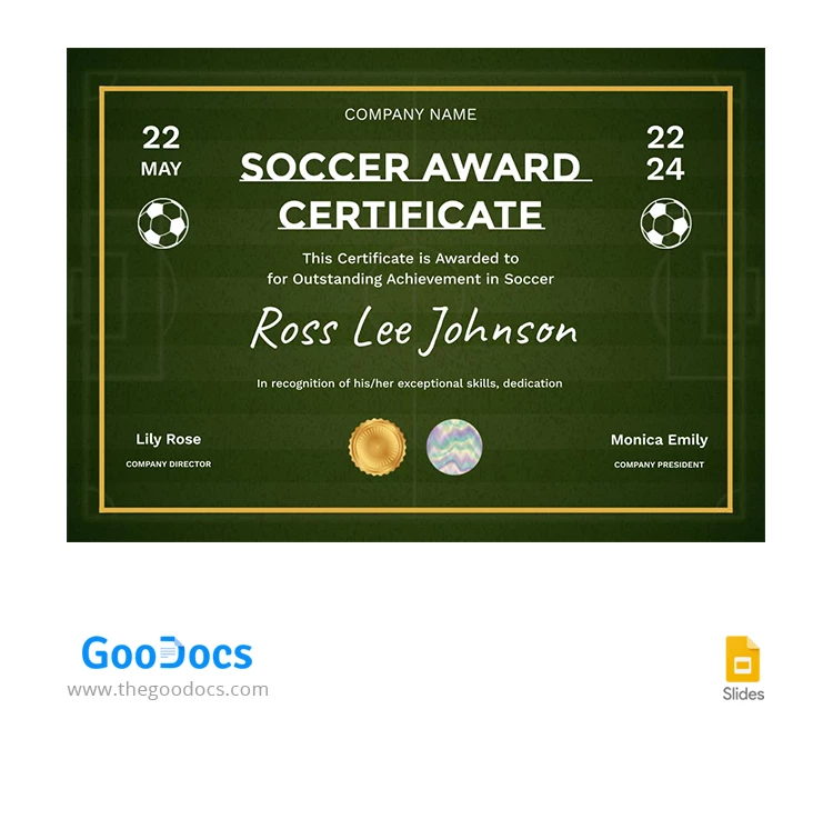 Certificado de premio de fútbol verde - free Google Docs Template - 10068346