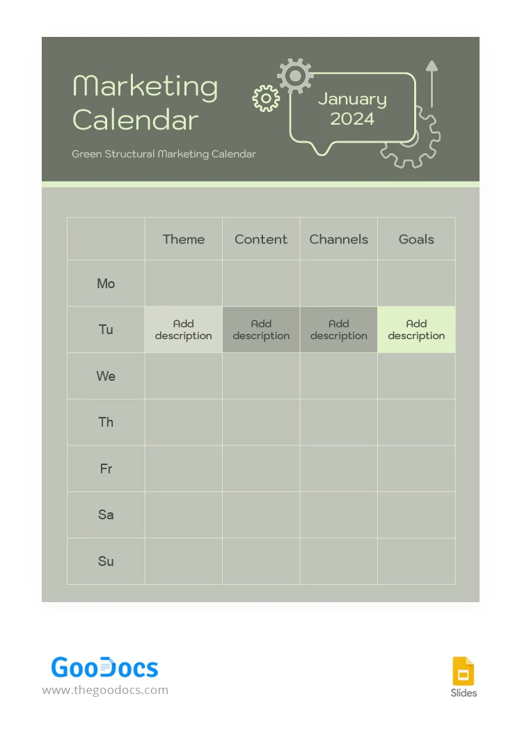 Calendario de Mercadotecnia Estructural Verde - free Google Docs Template - 10066722