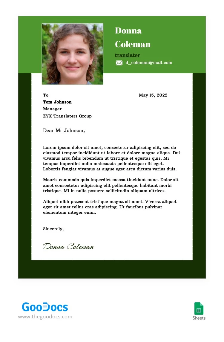 Green Style Cover Letter - free Google Docs Template - 10063214