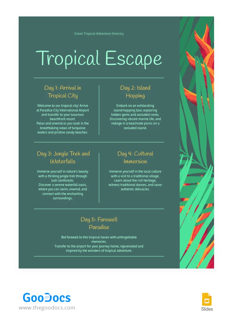 Green Tropical Adventure Itinerary - free Google Docs Template - 10066491