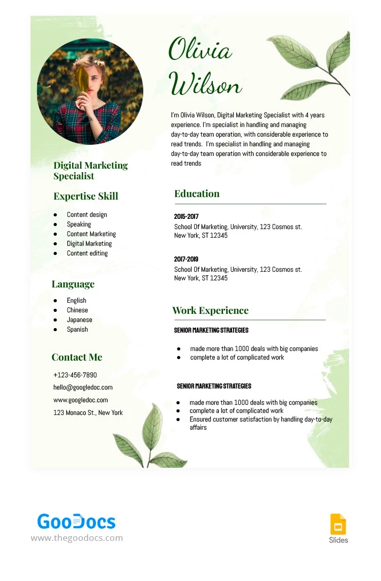 Currículo em aquarela verde - free Google Docs Template - 10064092