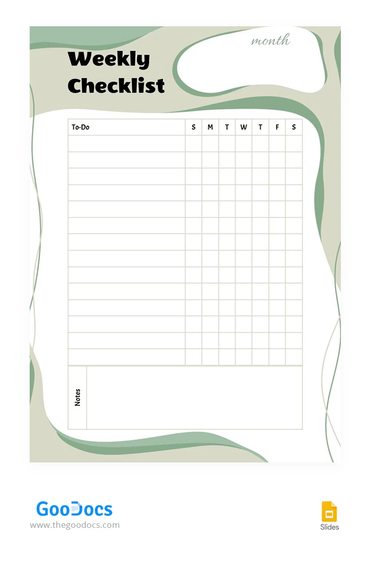 Wöchentliche Checkliste für grüne Aufgaben. - free Google Docs Template - 10067653