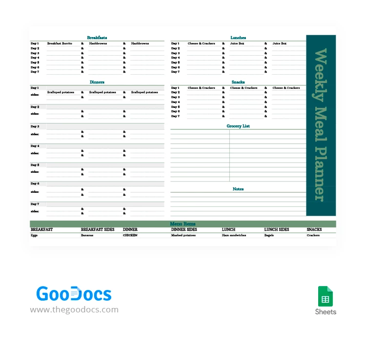 Planejador Semanal de Refeições Verdes - free Google Docs Template - 10066408