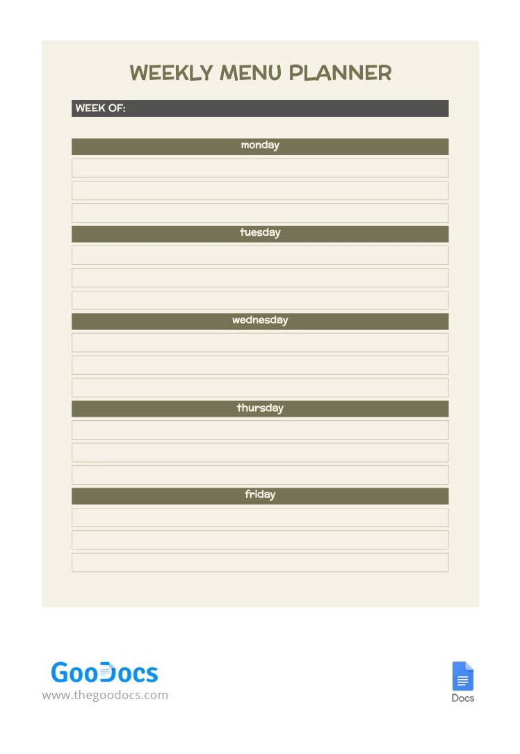 Green Weekly Menu Planner - free Google Docs Template - 10065052