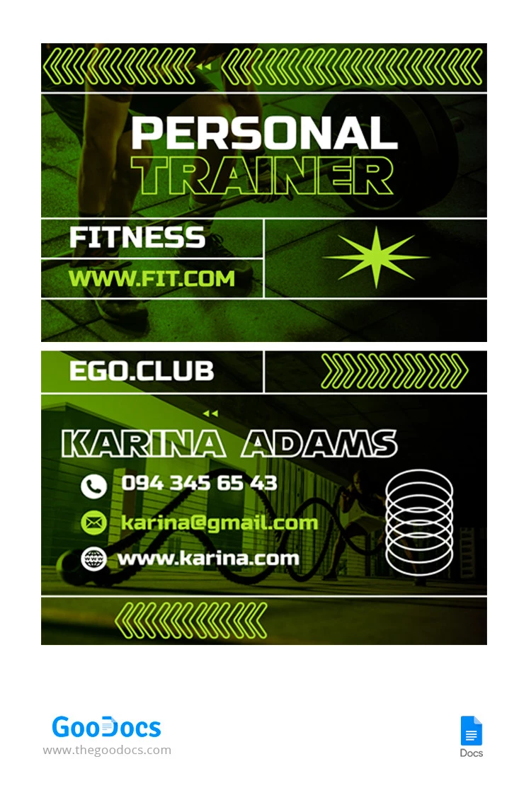 Tarjeta de presentación verde personal del entrenador físico. - free Google Docs Template - 10065440