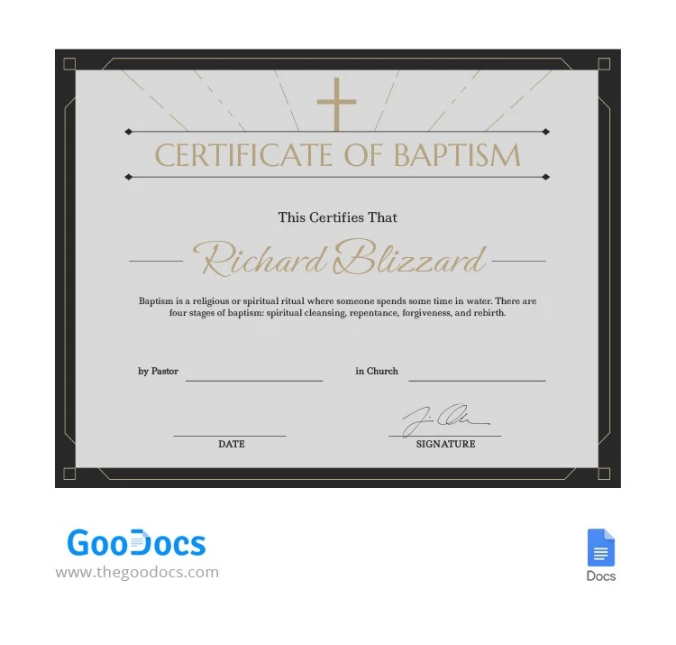 Certificado de Batismo Cinza - free Google Docs Template - 10065053