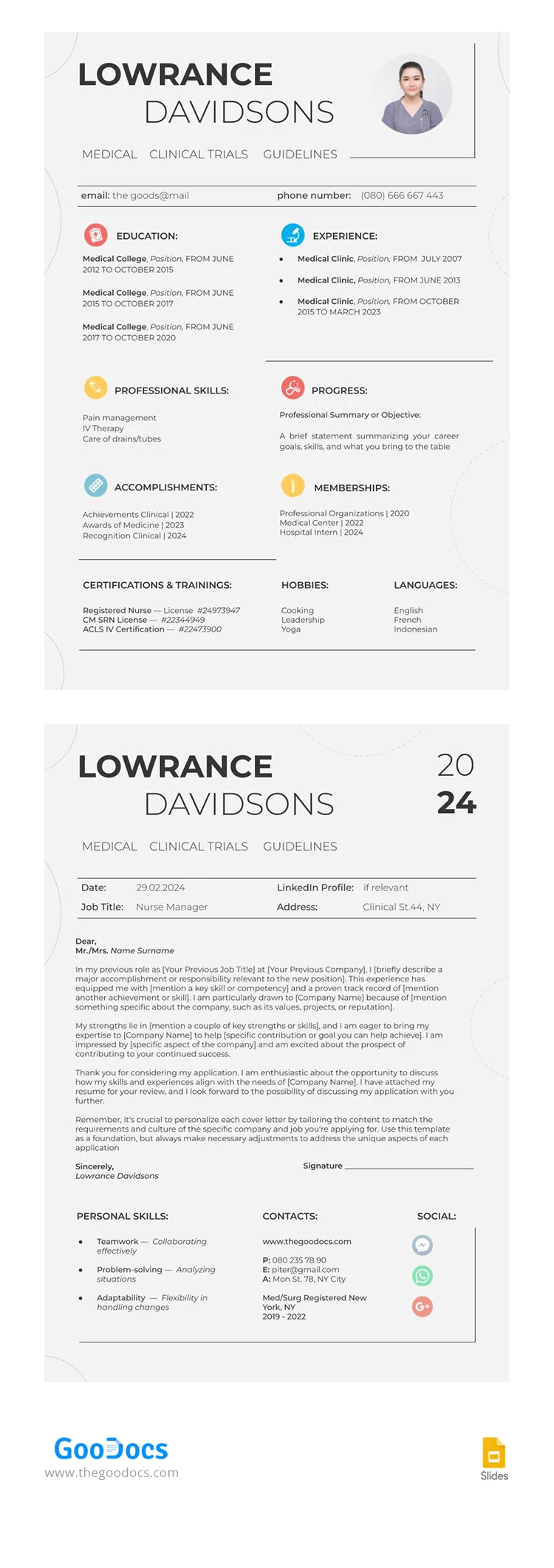 Curriculum vitae médical élégant gris et lettre de motivation - free Google Docs Template - 10067956